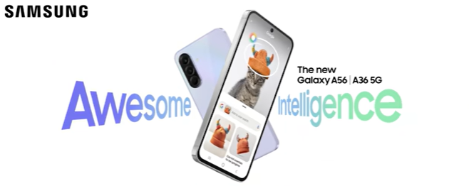 Samsung Galaxy A36 5G showing screen and rear camera