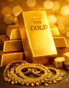 Gold jewelry and gold coins representing today’s gold rate in India