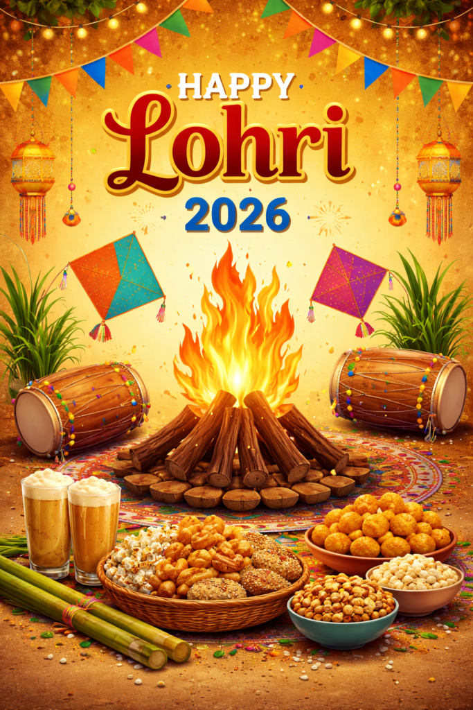 Lohri 2026 celebration with traditional bonfire, dhol, sugarcane, kites, and festive sweets