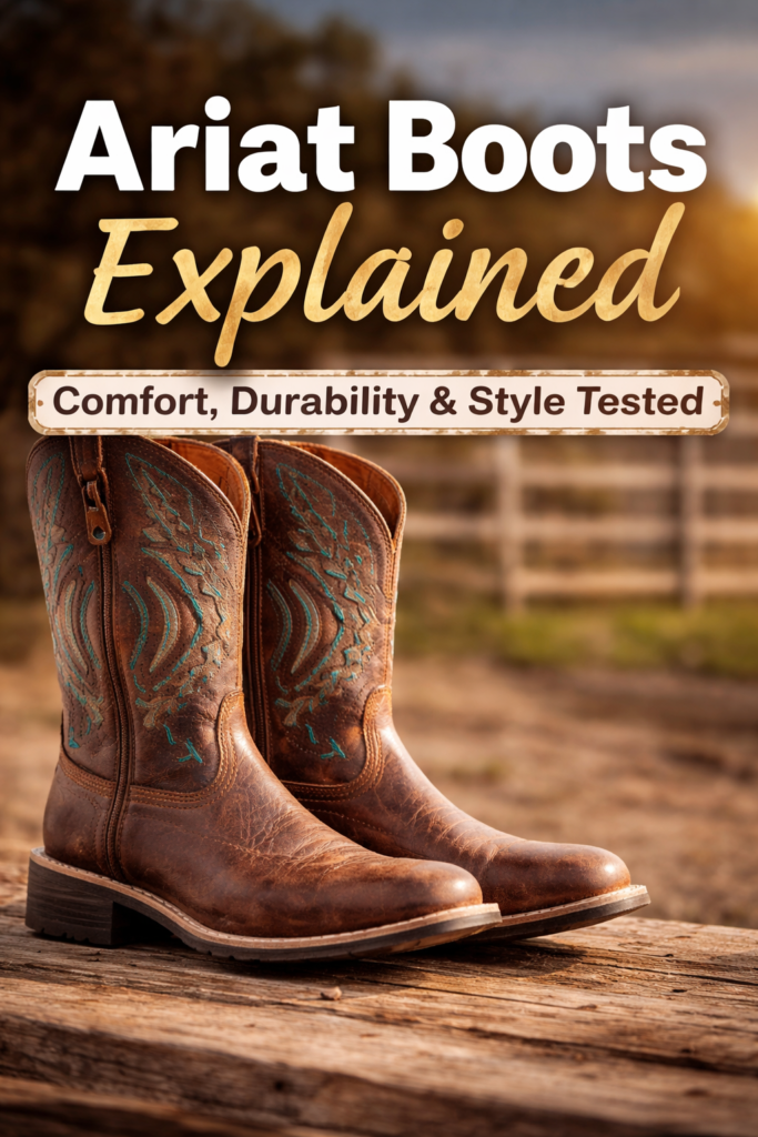 A pair of Ariat boots displayed outdoors, highlighting real-life comfort, durability, and western style