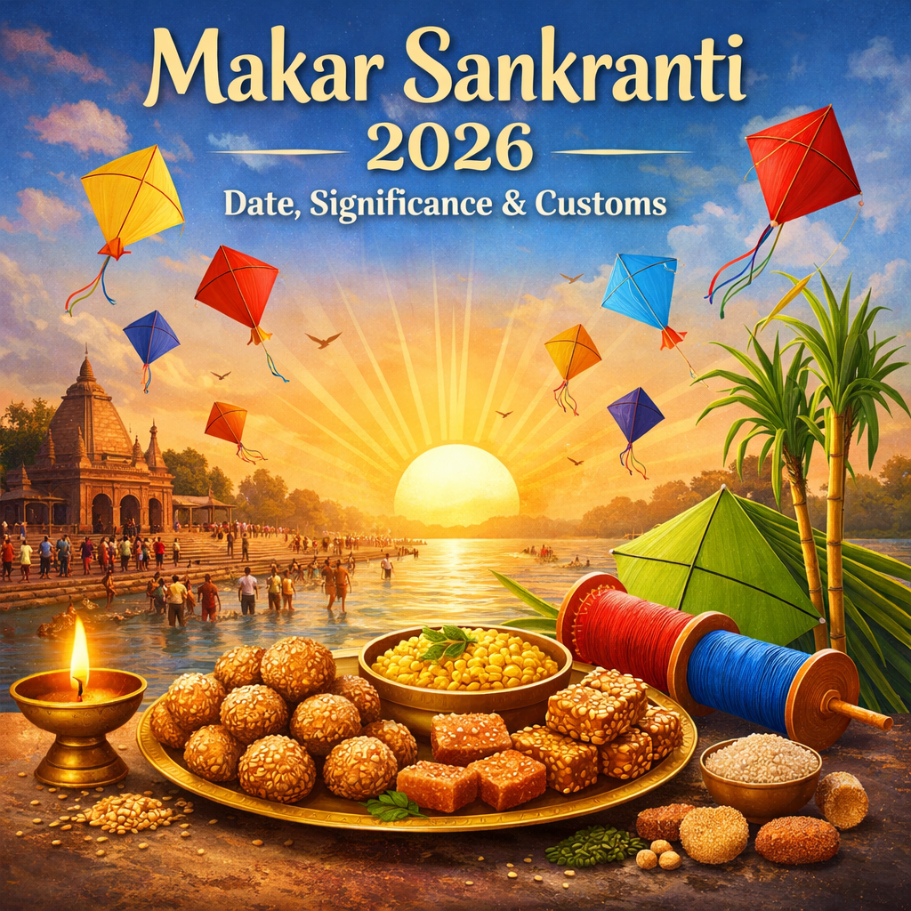 Indian harvest festival Makar Sankranti with til ladoo, sugarcane, and kite flying tradition