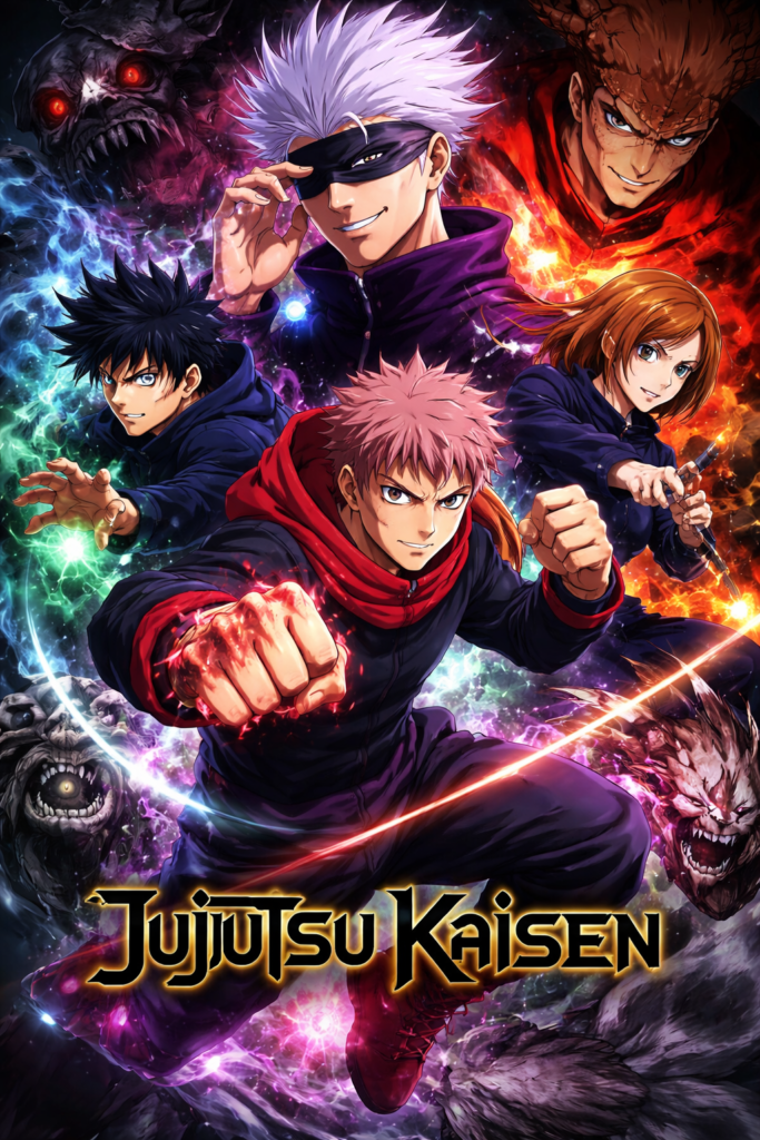 Jujutsu Kaisen Season 3 anime poster featuring Yuji Itadori and cursed spirits