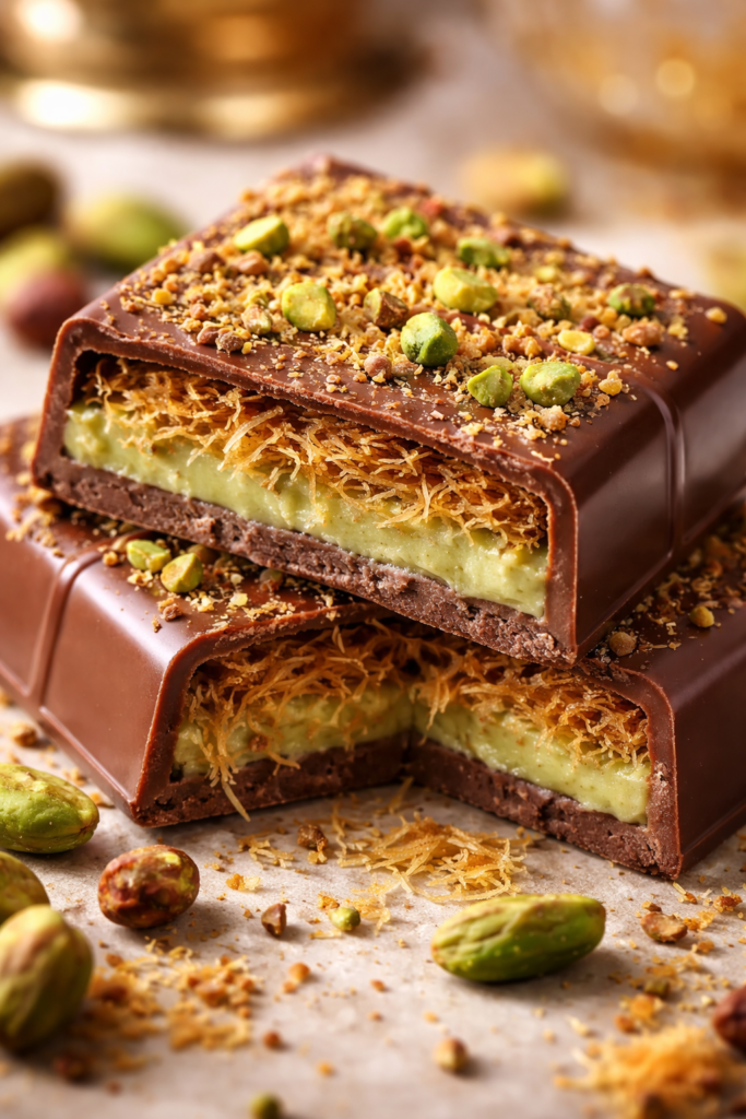 Dubai’s Pistachio Knafeh Chocolate Bar topped with pistachios and golden knafeh strands