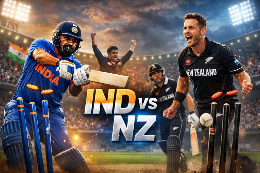 Crowd watching an intense IND vs NZ cricket match with players celebrating on the field