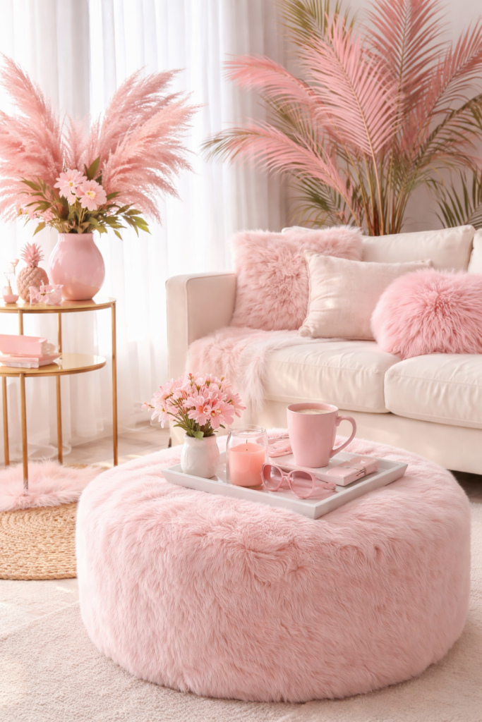 Soft pink palm-inspired decor with fluffy textures representing the Pink Palm Puff aesthetic