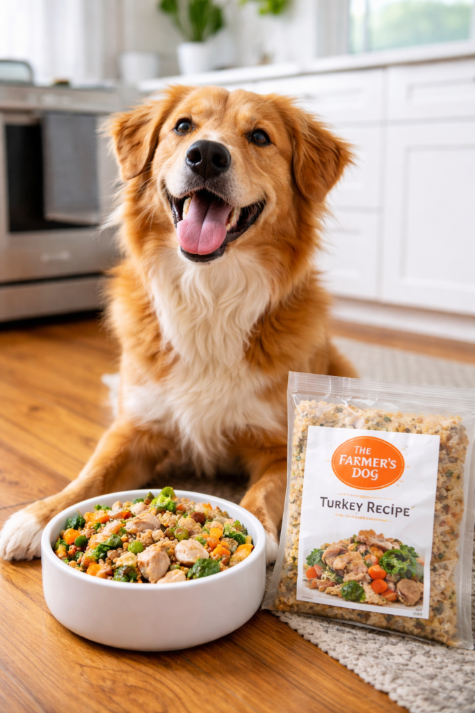 A dog eating freshly prepared food from The Farmer’s Dog meal pack