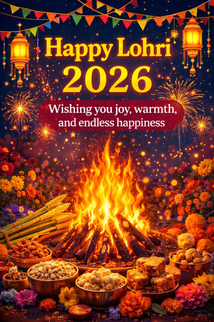 People celebrating Happy Lohri 2026 around a bonfire, throwing sesame seeds and popcorn in the air, wearing colorful Punjabi attire