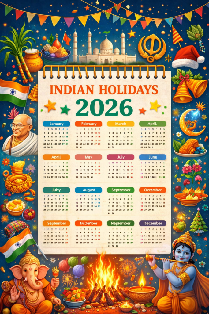 Indian Holidays 2026 calendar showing major festivals and public holidays across India