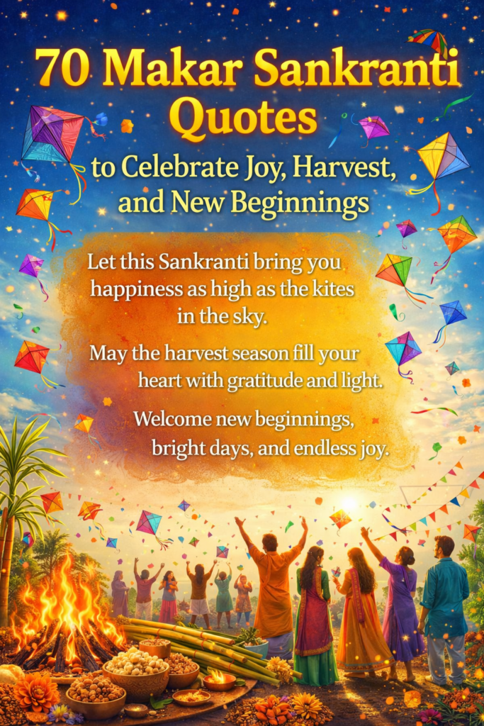 Colorful kites flying in the sky during Makar Sankranti with people celebrating the harvest festival