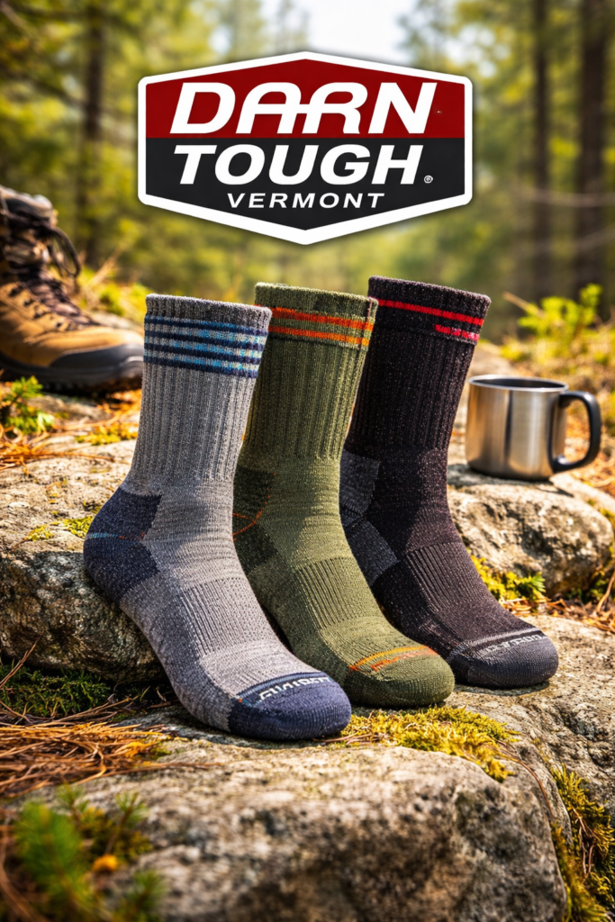Pair of Darn Tough socks showing thick knit texture and reinforced heel and toe