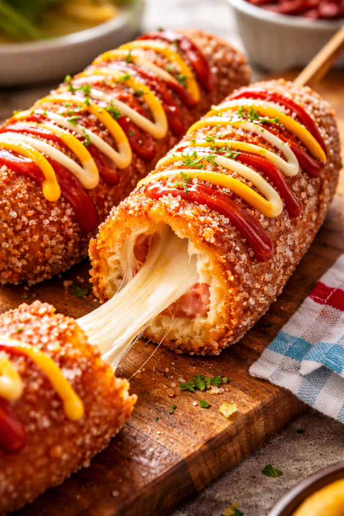 Golden Korean corn dog with crunchy coating and melted cheese stretching from the center