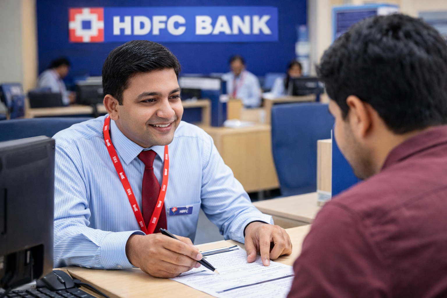 Customer discussing account options with a representative at an HDFC Bank branch