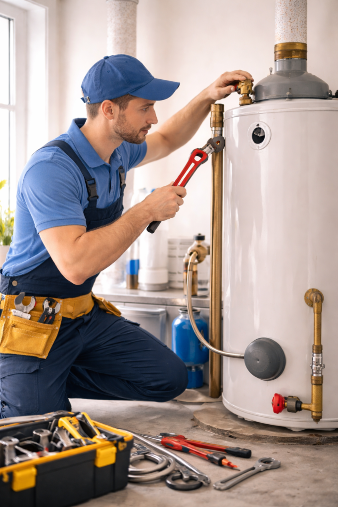 Home plumber checking a water heater during repair work
