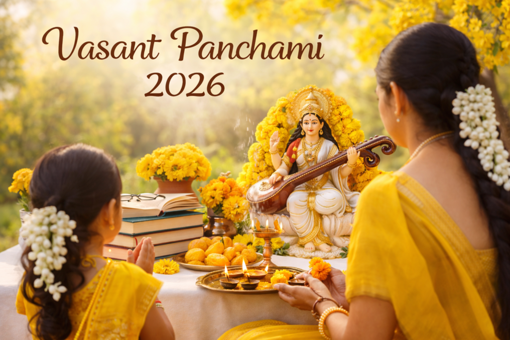 Vasant Panchami 2026 with books and yellow decorations