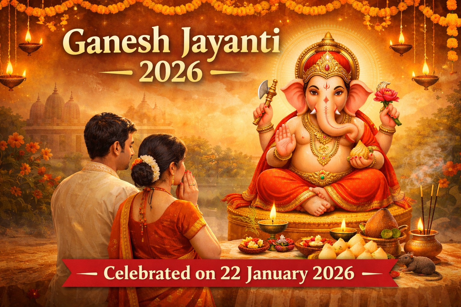 Ganesh Jayanti celebration with Lord Ganesha idol and devotees praying on 22 January 2026
