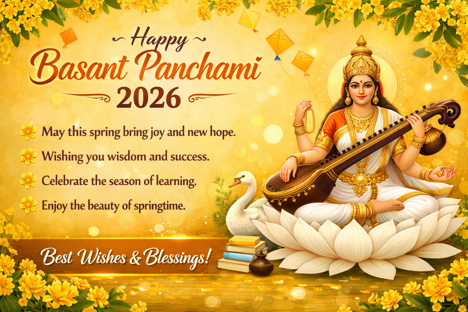 Happy Basant Panchami 2026 quotes with yellow flowers and Saraswati Puja theme
