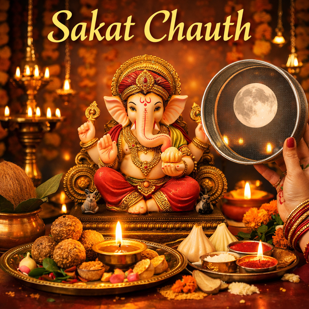 Sakat Chauth 2026 festival celebration with Lord Ganesha idol, moon sighting ritual, diyas, and traditional puja offerings.