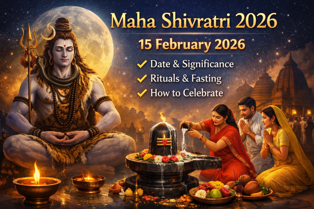 Devotees praying to Lord Shiva and offering milk to the Shiva Lingam on Maha Shivratri 2026