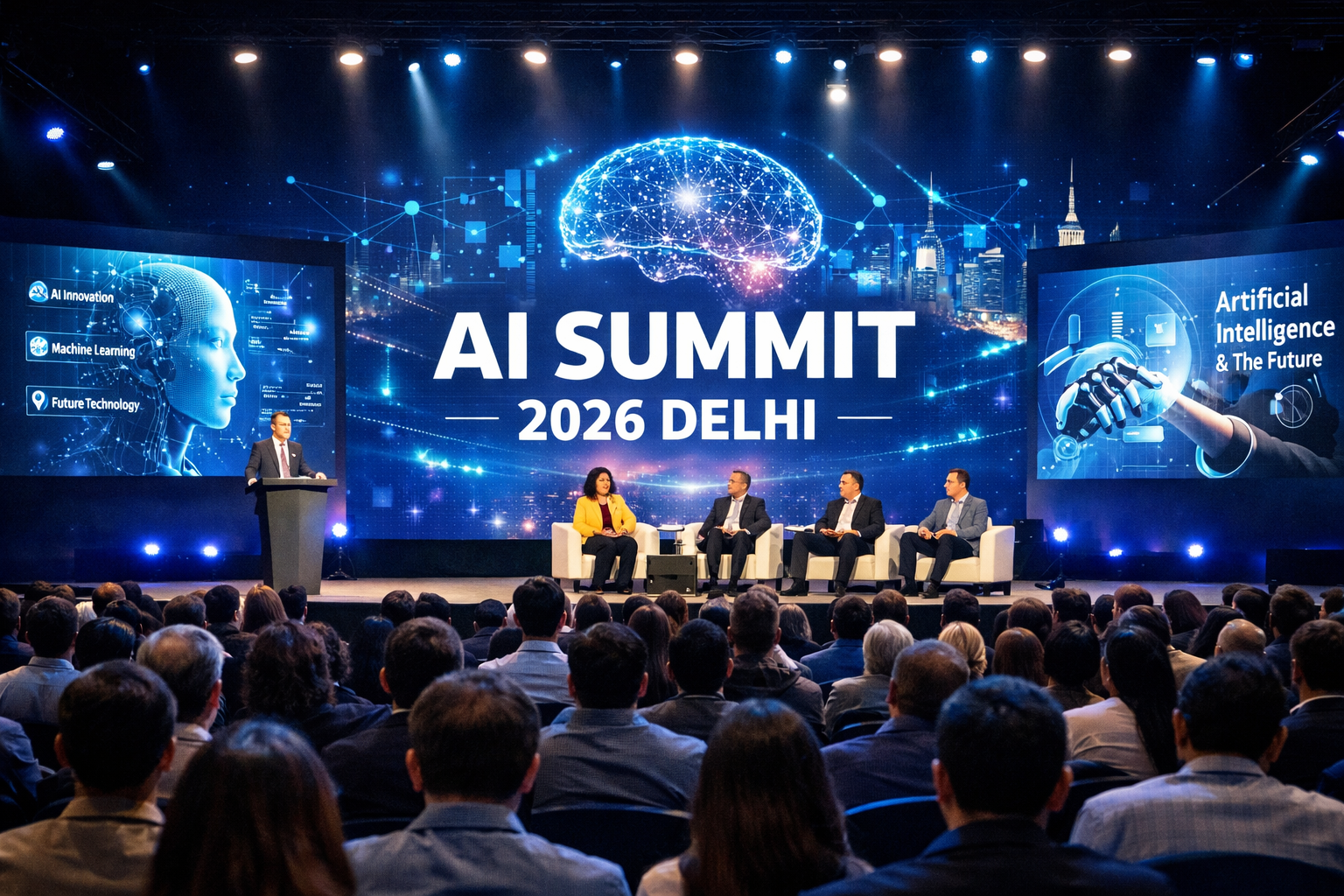 Large conference hall with audience listening to speakers at AI Summit 2026 Delhi and screens showing artificial intelligence concepts.