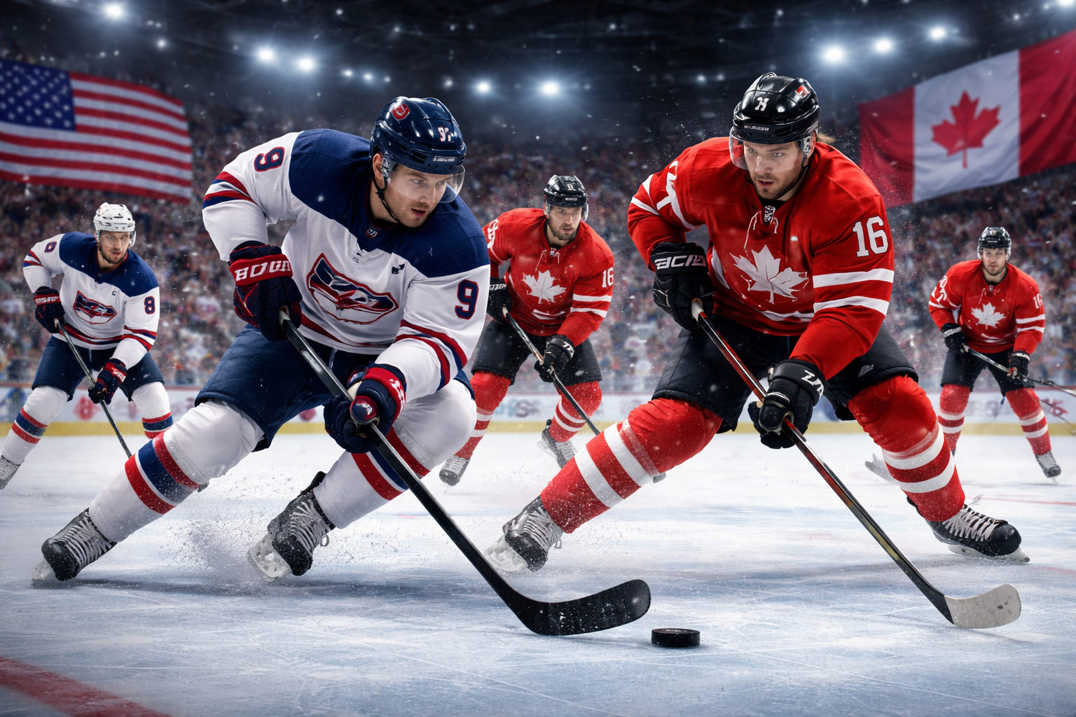 USA vs Canada Hockey players skating at high speed during a tense international ice hockey match