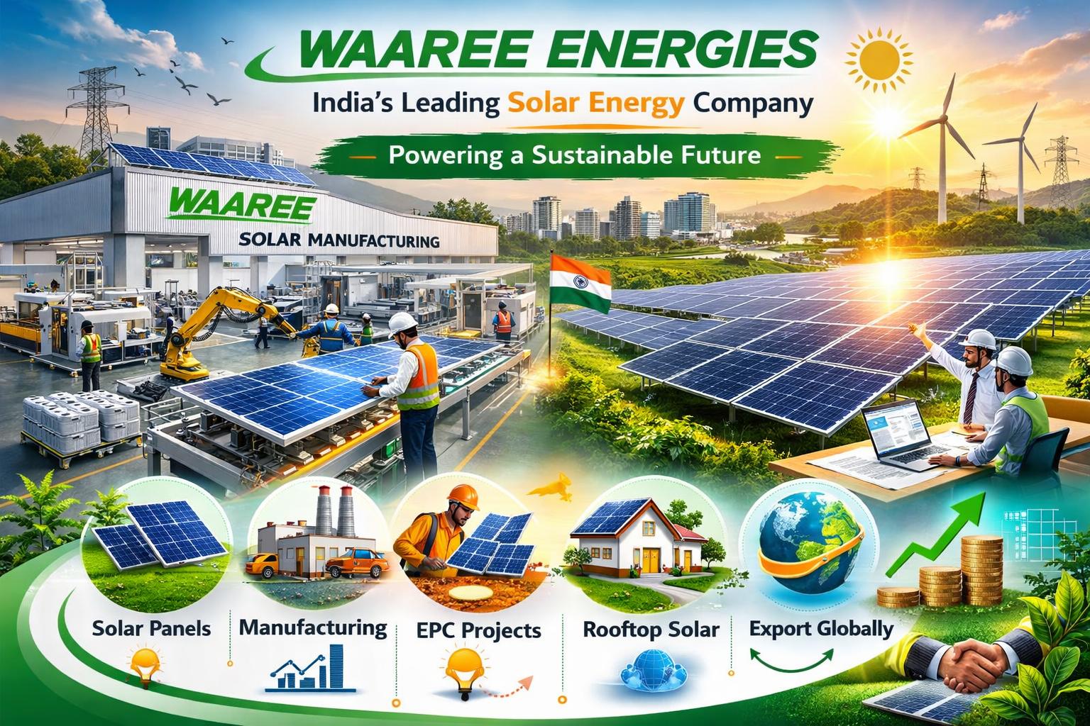“Solar panels manufactured by Waaree Energies installed in a large solar power project in India.”