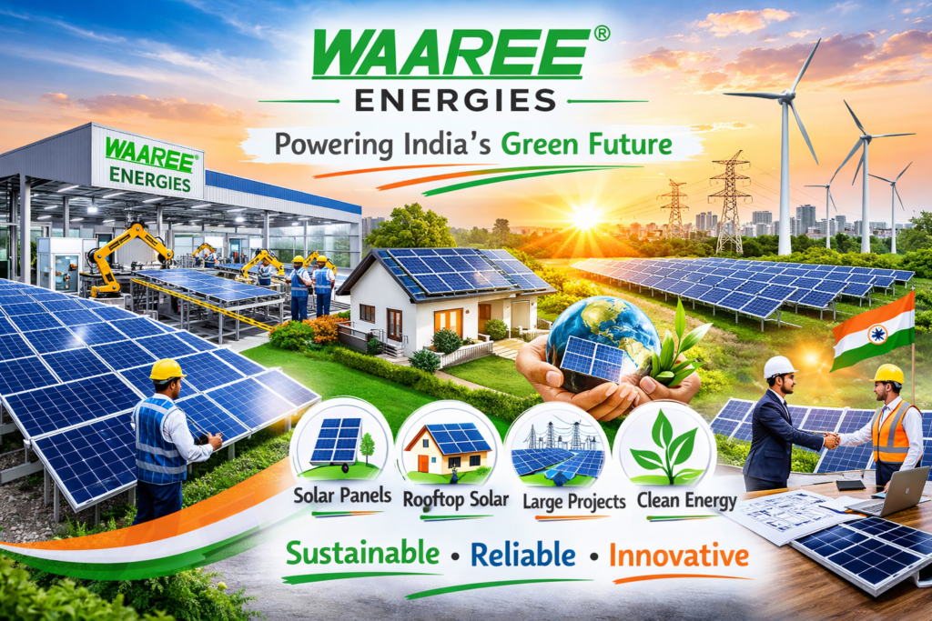 “Solar panels manufactured by Waaree Energies installed in a large solar power project in India.”