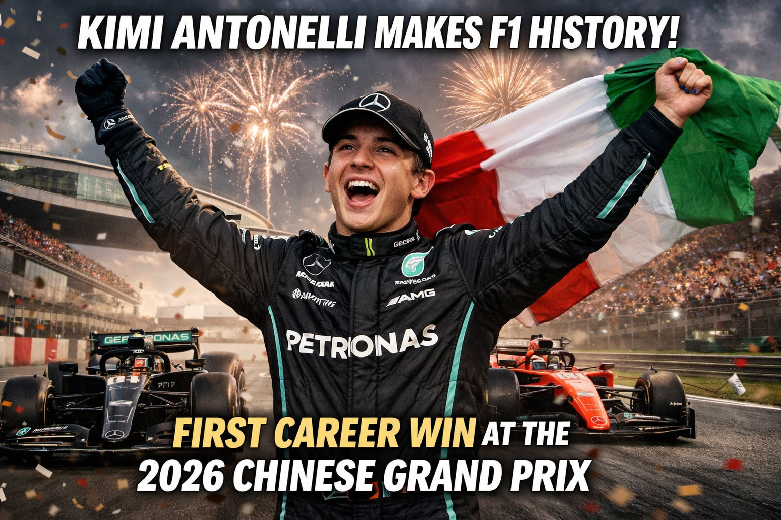 Kimi Antonelli wins his first Formula 1 race at the 2026 Chinese Grand Prix. Read race highlights, Mercedes performance, and what this historic victory means for the F1 season.