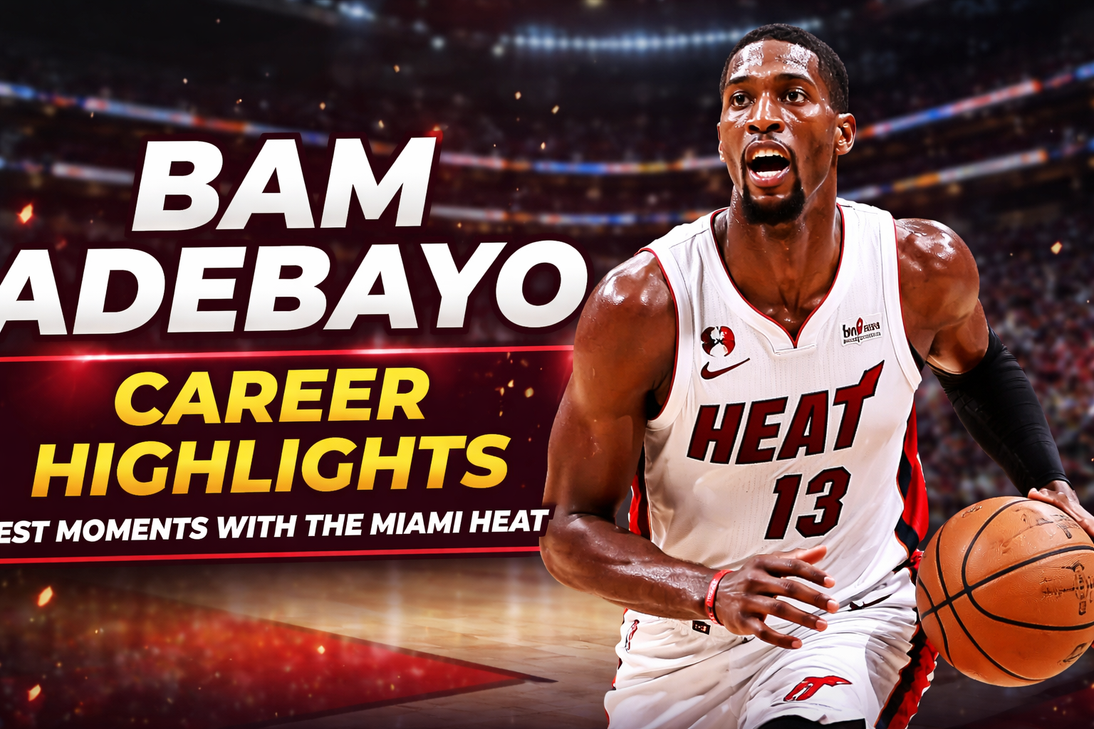 Bam Adebayo playing for Miami Heat during an NBA game, powerful dunk, crowd cheering in arena, dramatic lighting, professional sports photography, ultra realistic, basketball action moment